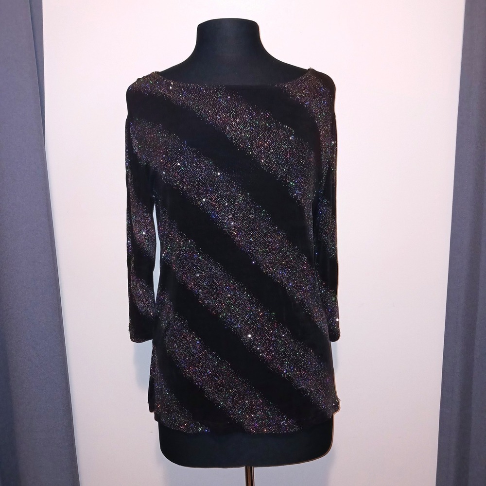Notations Party Bling Black Iridescent Glitter Stripe Boat Neck Tunic Top S